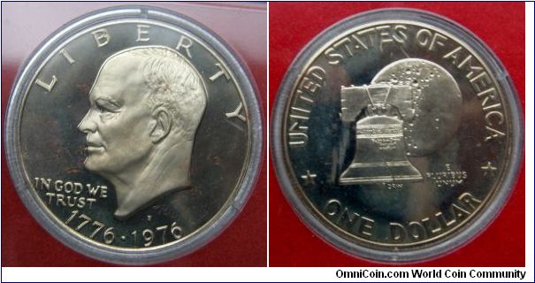Eisenhower Clad Bicentennial Dollar.
1975S-Mintmark: S (for San Francisco, CA) between Eisenhower's head and the date. Metal Content:
Outer layers - 75% Copper, 25% Nickel
Center - 100% Copper. Proof Set.