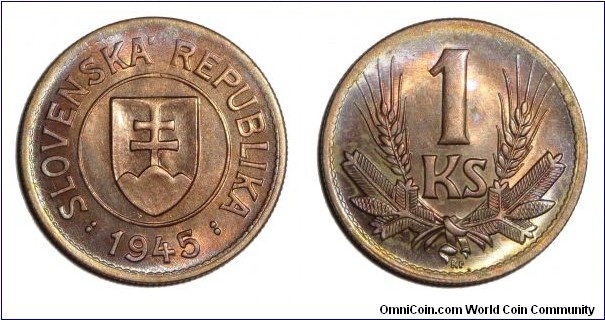 SLOVAKIA~1 Koruna 1945. Last issue before the state of Czechoslovakia was re-established.