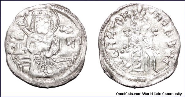 SERBIAN EMPIRE~AR Helm Dinar 1355-1371 AD. Under Tsar: Stefan Uros V (The Feeble). Obv- Uros enthroned, holding cruciform scepter,Cyrillic text:OUSH/CR-'UROS/TSAR'. Rev- Crested helm, Latin text: STEFANUS INPERATOR.