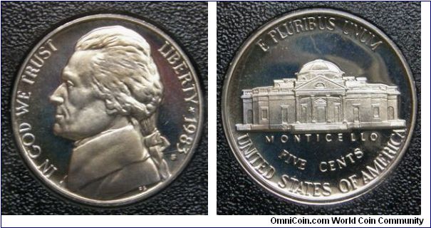 Jefferson Five Cents. 1983S-Mintmark: Small S (for San Francisco, California) below the date on the obverse. Metal content:
Copper - 75%
Nickel - 25%. Proof Set.
