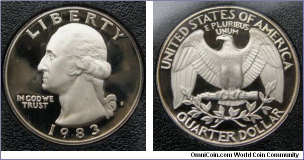 Washington Quarter Dollar. 1983S-Mintmark: S (for San Francisco, CA) on the obverse just right of the ribbon. Metal content:
Outer layers - 75% Copper, 25% Nickel
Center - 100% Copper. Proof Set.