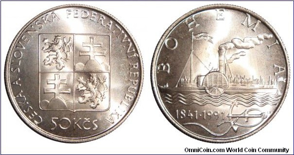 CZECHOSLOVAKIA (FEDERATIVE REPUBLIC)~50 Koruna 1991. Steam-ship Bohemia.