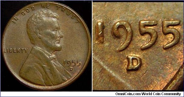 1955D Lincoln, One Cent, Class 3 Doubled Die Obverse, Strong Doubling of the Eye, Lapel and 19 of the Date