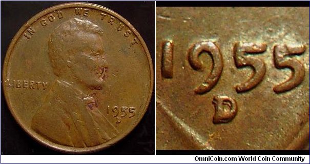 1955D Lincoln, One Cent, Re-punched Mint Mark, Very Strong Secondary Punch South of the Primary