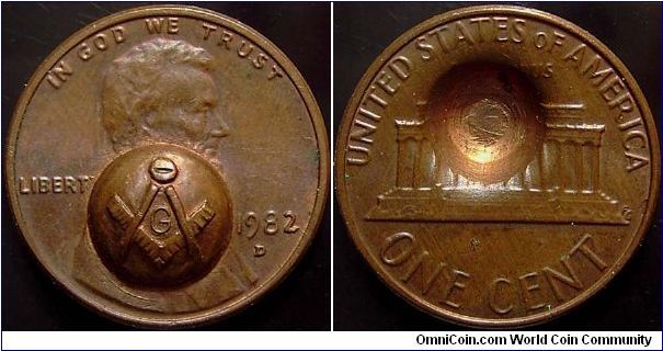 1982D Lincoln, One Cent, Post Mint Damage, Punched into a Masonic Emblem Die