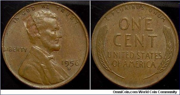 1956D Lincoln, One Cent, Lamination Error Obverse