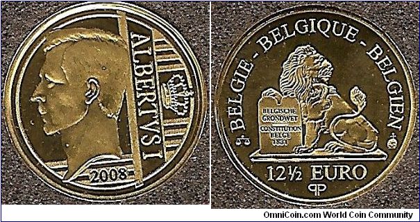 12 1/2 euro
Albert I king of Belgium 1909-1934
country name in Dutch, French and German
0.999 gold
1.25 gram
mintage 10,000