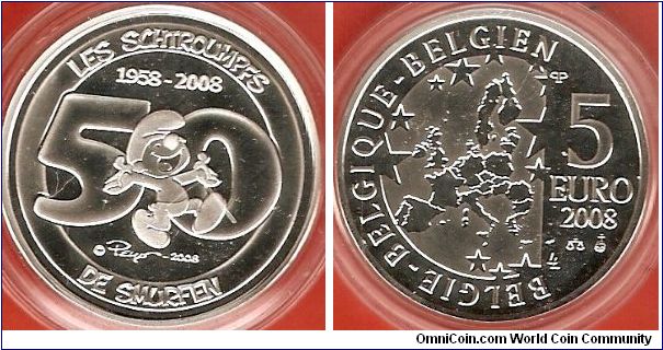5 euro
50 years of the comics series The Smurfs by Peyo
map of Europe, denomination and country name in Dutch, French and German
0.925 silver
mintage 25,000