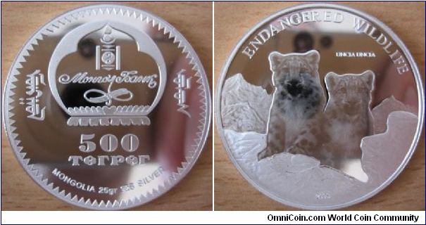 500 Togrog - Snow leopards - 25 g Ag .925 Proof - mintage 2,500