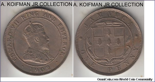 KM-20, 1902 Jamaica penny; copper-nickel, plain edge; Edward VII, 2-year type, small mintage of 60,000, good extra fine.