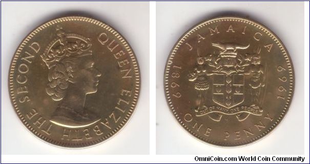 KM-41, 1969 Jamaica proof penny; from a 2 coins set, mintage was rather large of 5,000 for the pair, but nice piece for the last colonial mintage