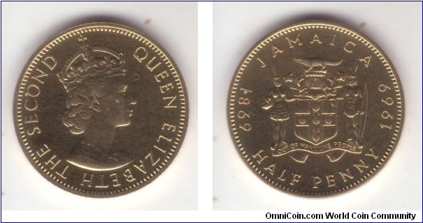 KM-42, 1969 Jamaica proof half penny; from the same set as below penny, very nice, I opened original package to scan this coin.