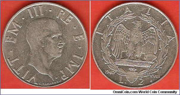 Kingdom
2 lire
Vittorio Emanuele III
reign year 18 (XVIII)
imperial eagle
stainless steel (non-magnetic)
