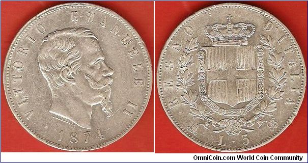 Kingdom
5 lire
Vittorio Emanuele II
Royal shield
0.900 silver 
struck in Milan