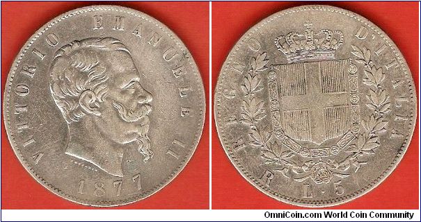 Kingdom
5 lire
Vittorio Emanuele II
Royal shield
0.900 silver
struck in Rome