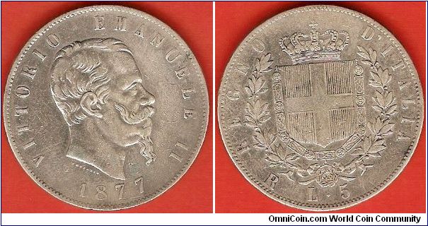 Kingdom
5 lire
Vittorio Emanuele II
Royal shield
0.900 silver
struck in Rome