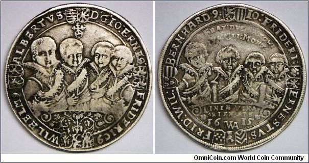 German States - Saxe-Weimar, Middle, Duchy, Joint Rule (1595 - 1640 - Johann Ernst IV, Friedrich VII, Wilhelm IV, Albrecht II, Johann Friedrich VI, Ernst III the Pious, Friedrich Wilhelm, Bernhard the Great), Thaler, 1615 WA. 28.84g, Silver, 39.5mm. Note: Upon the dealth of Johann III in 1605, his 8 sons ruled the duchy together. VF+.