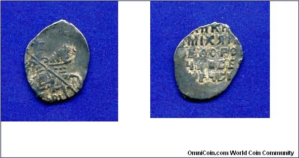 Kopek.
Mikhail Fedorovich Romanov (1613-1645).
o/M - Moscow mint.


Ag.