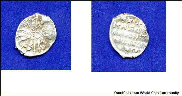 Kopek.
Tsar & Grand Prince of Moscow  Ioann IV (1547-1585) The Terrible.
Pskov mint.


Ag~950f.