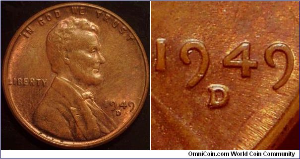 1949D Lincoln, One Cent, Re-punched Mint Mark, Split Serifs