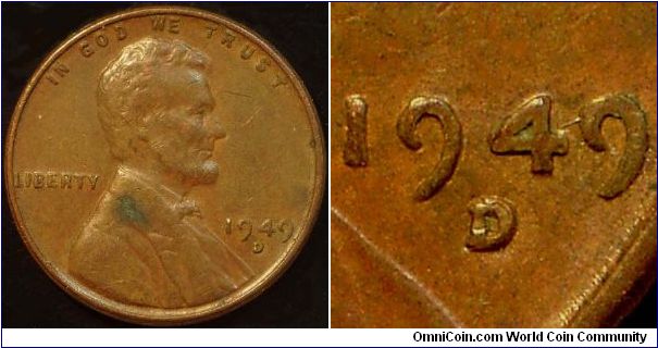 1949D Lincoln, One Cent, Re-punched Mint Mark, D/D/D, Strong Secondary Punch to the North East of the Primary and Split Serifs