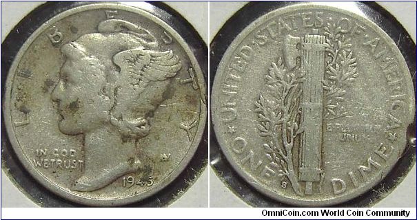 1945S Mercury, One Dime, Micro S