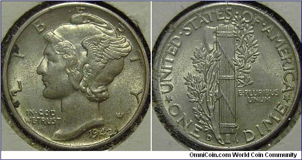 1942D Mercury, One Dime