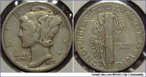 1938S  Mercury, One Dime