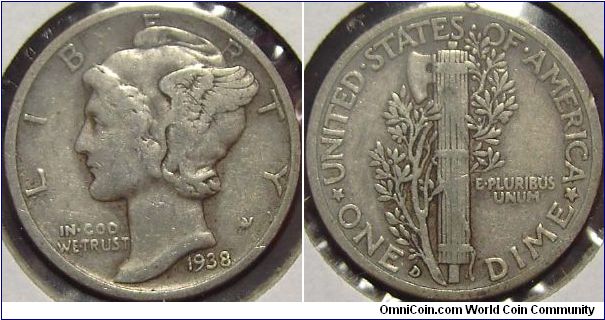 1938D  Mercury, One Dime