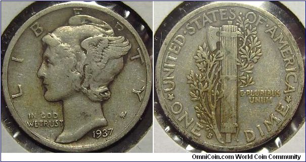 1937S  Mercury, One Dime