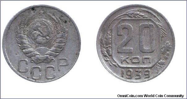Soviet Union, 20 kopeks, 1939, Cu-Ni.                                                                                                                                                                                                                                                                                                                                                                                                                                                                               