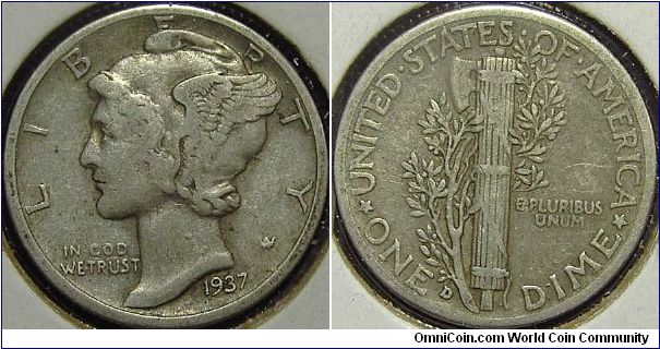 1937D  Mercury, One Dime