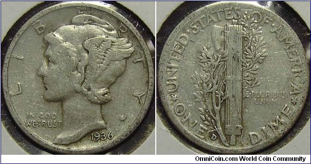 1936D  Mercury, One Dime