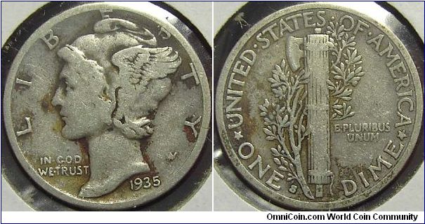 1935S  Mercury, One Dime