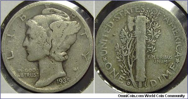 1935D  Mercury, One Dime