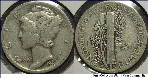 1931D  Mercury, One Dime