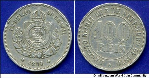 100 reis.
Imperio Do Brazil.
D. Pedro II (1831-1889) Constitucional imperador do Brasil.


Cu-Ni.