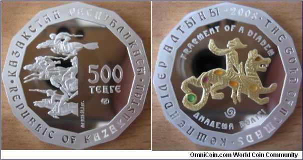 500 Tenge - Fragment of a diadem - 31.1 g Ag .925 Proof (partially gold plated with stones inlay) - mintage 5,000