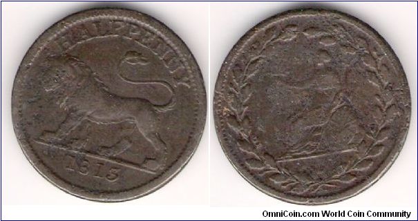 British Half Penny token with Lion on the obverse.  Coin is pitted on both surfaces.