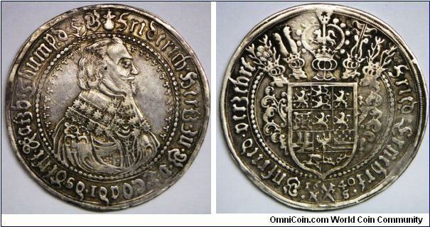 German States - Brunswick-Luneburg-Celle, Friedrich V (1636 - 1648), Thaler, 1640 H-S. 28.7650 g, Silver, 43.5mm. Obv.: Bust right.  Obv. Legend: FRIDER(ICH) HERT(Z).ZU.B.U.L. COADI.DS.STIF(T)RATZB.THUM(P).D.E(RTZST).B(R)(E)(M)(E). Rev.: Arms surmounted by five plumed helmets. Good very fine. Scarce.