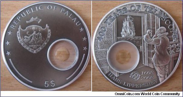 5 Dollars - 400 years of the invention of the telescope - Hans Lippershey - 25 g Ag .925 antique finish (with optical glass)- mintage 1,608