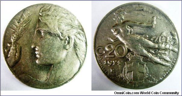 Kingdom, Decimal Coinage, Vittorio Emanuele III, 20 Centesimi, 1921R. Nickel, 21.5mm. Obverse: Head left admiring wheat ear. Reverse: Victory in flight with Savoy arms below. Mintage: 50,372,000 units. VF+.