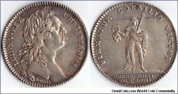 undated silver jeton royale  issued for the Military order of St Louis circa 1770. late bust of Louis XV obverse.