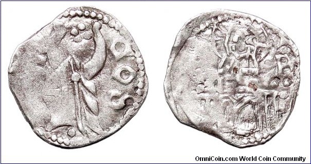 SERBIA (PRINCIPALITY)~AR Helm Dinar 1389-1402. Under Prince: Stefan Lazarevic Hrebeljanovic. Obv- Stefan's ox-horn helm w/ title on rim ~CON~V~: Rev- Christ enthroned holding book of gospels.