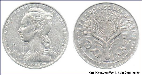 French Somaliland 1948 5 Francs