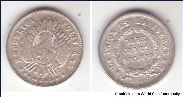 KM-158.1, 1873 FE Potosi mint Bolivia 10 centavos; higher quality coin, between very fine and extra fine but either weakly struck or cleaned; B in Boliviana appears to be inverted upside down R, interesting if this could happen or just poorly struck letter; also coin appears to have slight (less then 5 degrees) dies rotation.
