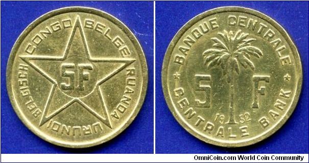 5 Francs.
Belgian Congo.
Baudouin I (1951-1993).


Br.
