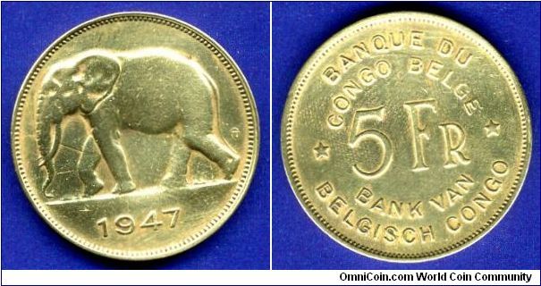 5 Francs.
Belgian Congo.
Leopold III (1934-1951).


Br.