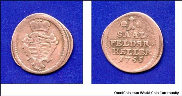 1 heller.
Saxe-Coburg-Saalfeld.
Franz Josias (1745-1764).
Saalfeld city coin.


Cu.