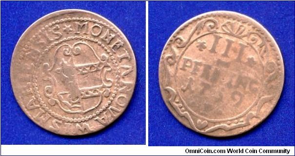 3 pfenning.
Wismar.
Swedish rule in 1648-1803.


Cu.